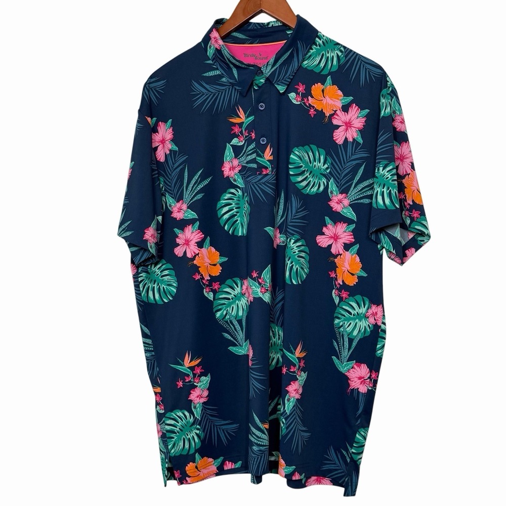 Birdie Bound Polo Shirt Mens XL Tropical Floral Hawaiian Golf Stretch - Picture 3 of 9